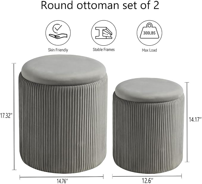BLEXA Round Set of 2 Ottoman with Storage-Upholstered Velvet Vanity Stool for Makeup Multifunctional Ottomans Coffee Table Padded Seat Foot Rest for Living Room&Bedroom(Ligth Grey)