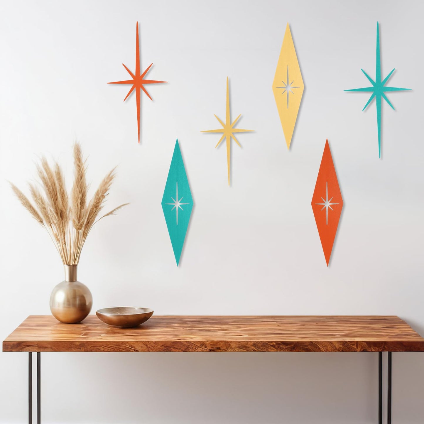 Otoolling 6 Pcs Starburst Modern Mid Century Wall Art Cast Iron Retro 3D 8 Pointed Atomic Star Retro Wall Metal Home Decor Elegance Accents Easy Install Finish Hangings for Office Room
