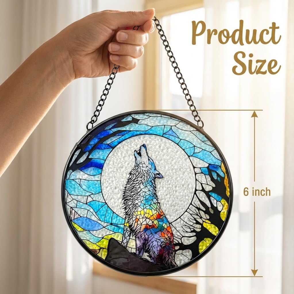 Stained Glass Window Hanging, Stained Glass Suncatcher, Wolf Sun Catcher with Metal Chain, Window Decor for Home Garden, Wolf Lover Gift, Housewarming, Christmas or Birthday Gift (Black)