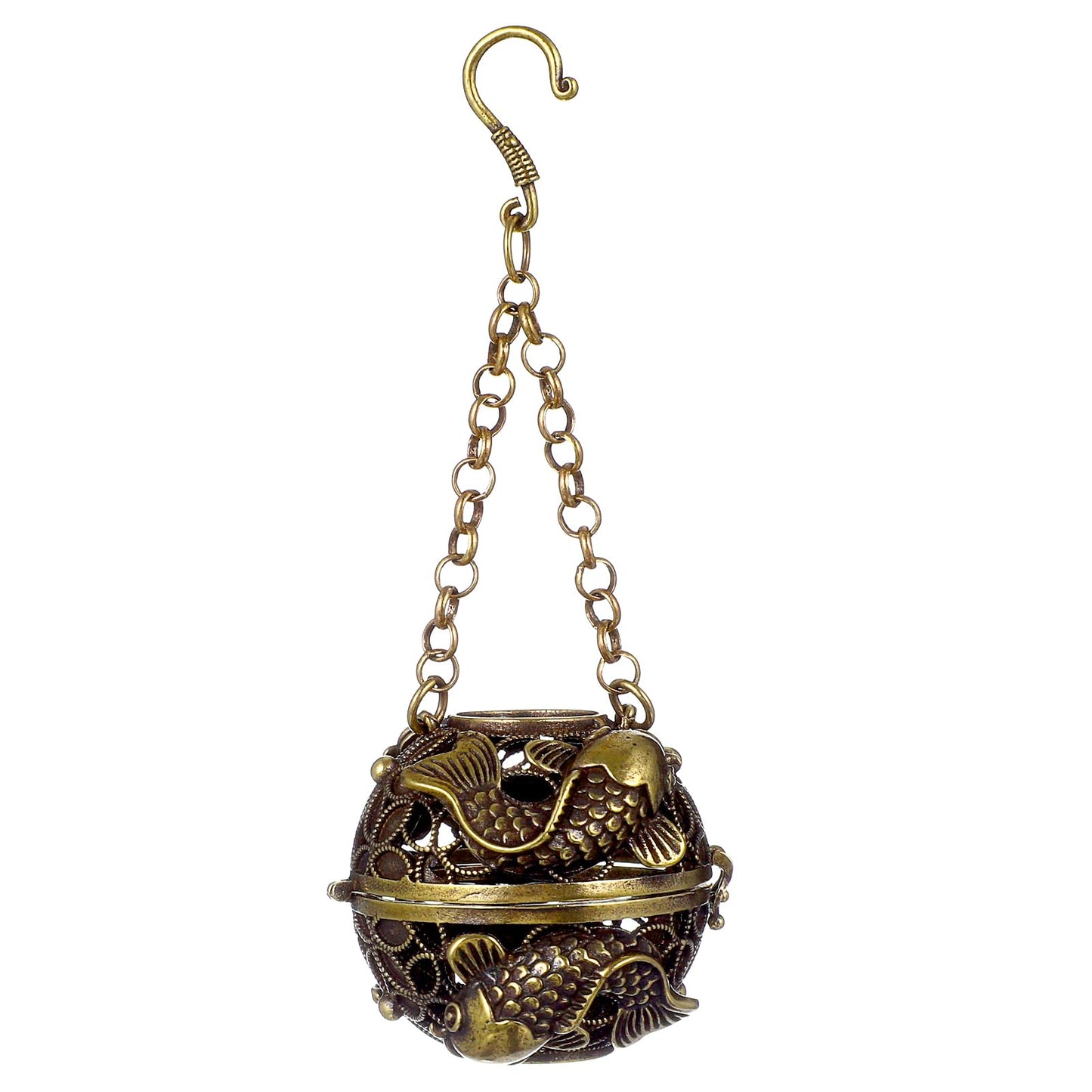 PRETYZOOM Hanging Backflow Incense Burner Ball Shaped Carved Fish Cone Incense Holder Cone Incense Copper Frankincense Burner Hollow Aromatherapy Furnace for Home Office Decoration