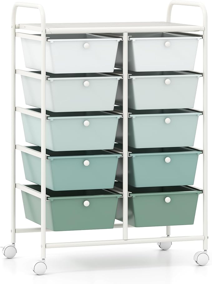 Giantex 10 Drawers Rolling Cart, Classroom Organizers, Storage Cart with Wheels, for Teacher Office Home School Supplies Tool Craft Art Paper, Green Gradient