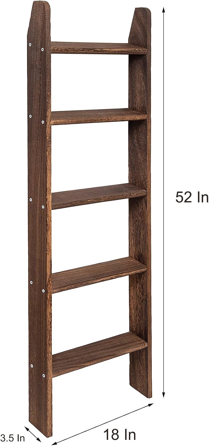 Rustic 5-Tier Wall-Leaning Wood Loadder Towel Racks for Bathroom Livingroom Kithen Office Woden Farmhouse Ladder-Style Blanket Rack Multipurpose Organizer Rack for Home (Brown)