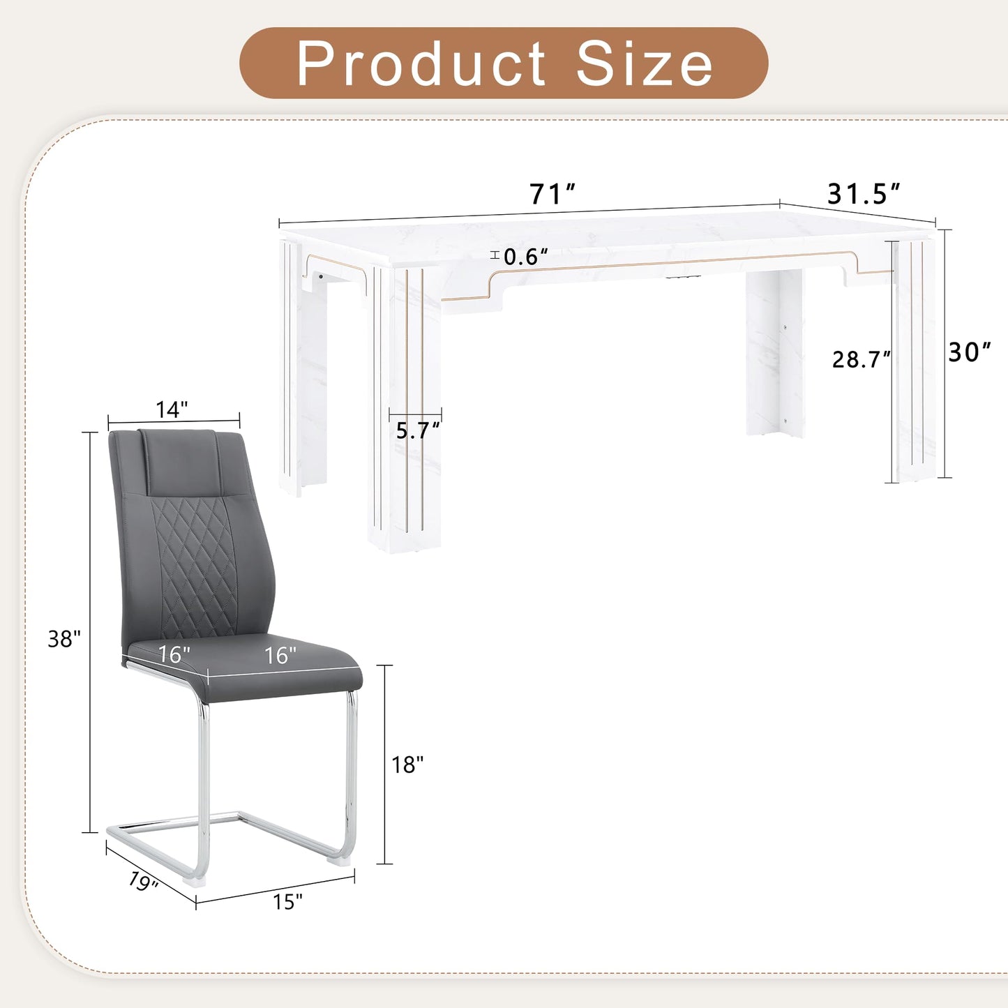 KEIKI 9-Piece Dining Table Set, 71" White Faux Marble Kitchen Table with 8 Dark Gray PU Leather Chairs, Modern Dining Room Set with Silver Metal Legs, Large Rectangular Table for Home, Restaurant