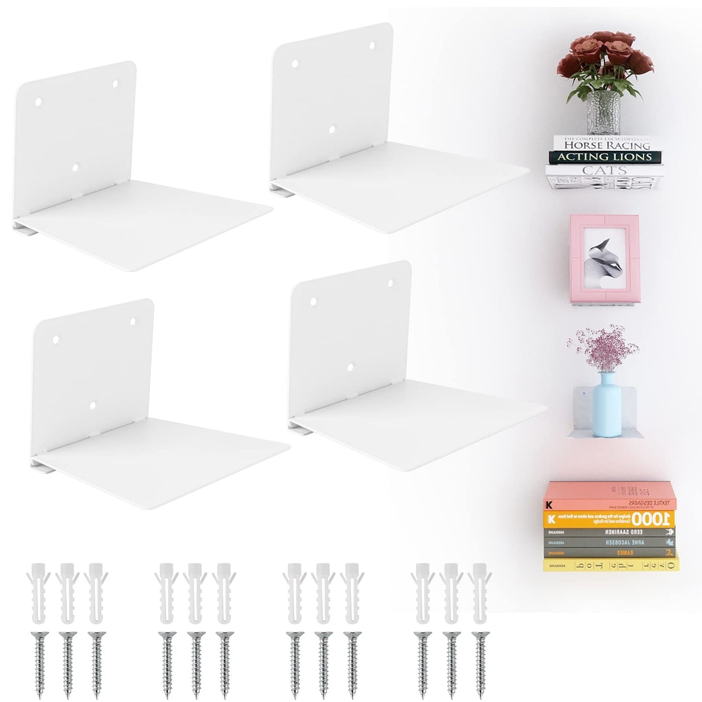 Fentec Invisible Floating Bookshelf, Wall Mounted Floating Bookshelves Heavy-Duty Book Organizers Hidden Book Shelf Metal Shelves Holder for Books Storage Bedroom Living Room Home Office, 4-Pack White