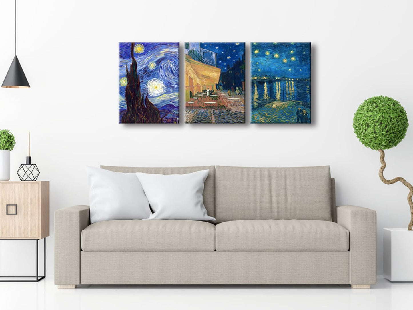 Wieco Art 3 Panels Canvas Prints of Vincent Van Gogh Paintings Reproduction Starry Night Over the Rhone Cafe Terrace at Night Canvas Wall Art for Living Room Home Office Decor