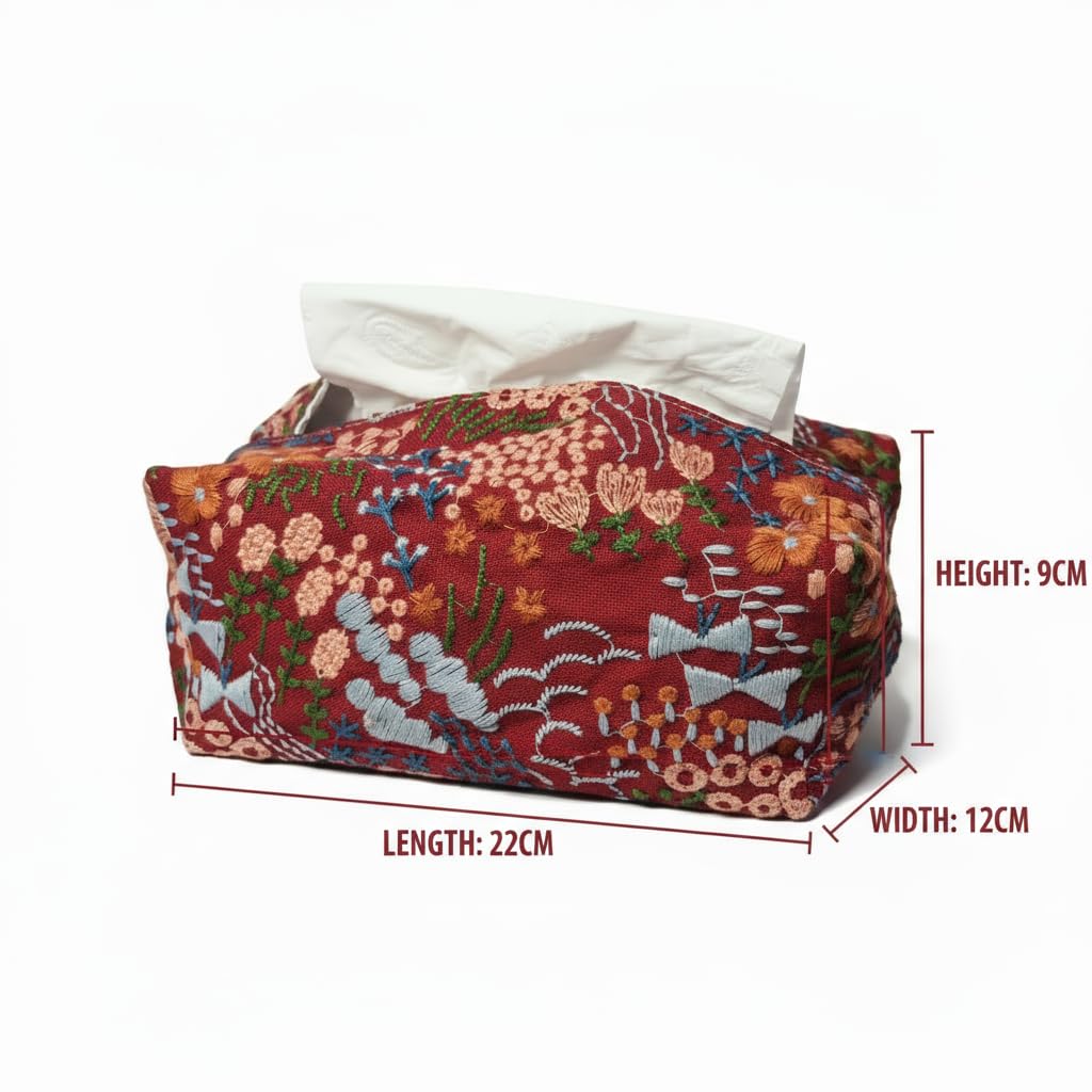 Floral Pattern Tissue Box Cover, Burgundy Red with Embroidered Design