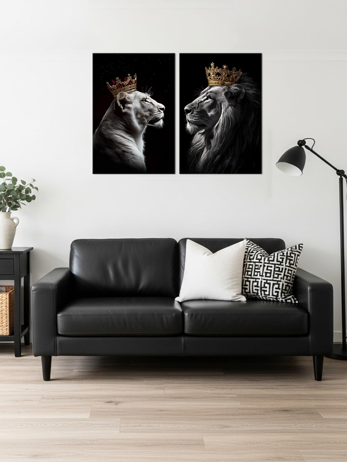 Lion King and Queen Wall Art 2 Piece Golden Crown Lion Canvas Picture Animal Couple Poster African Wild Animal Painting Black and White Artwork for Living Room Bedroom Decor(Ani-02,12"x16"x2)