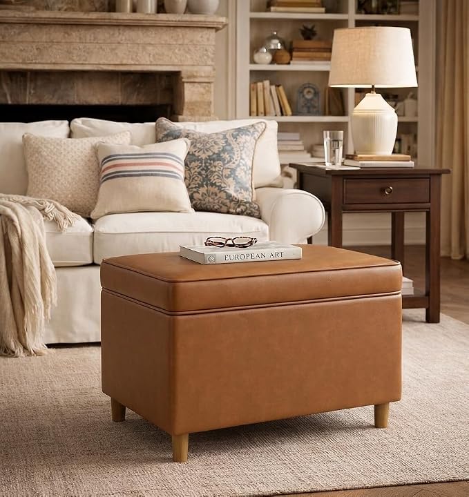 Spatial Order Home Decor | Dinah Collection Modern Storage Ottoman | Ottoman with Storage for Living Room & Bedroom(Carmel Faux Leather)