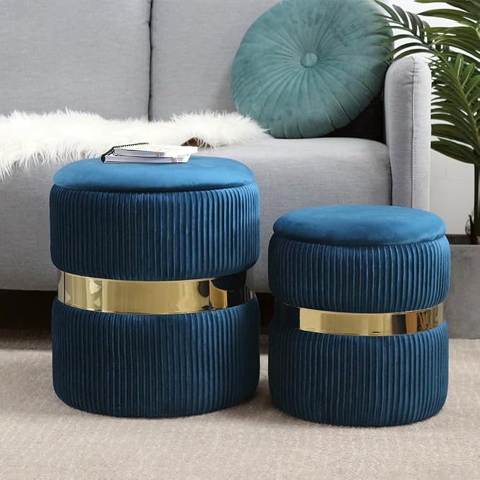 YYW HOME Blue Round Ottoman with Storage Set of 2 Vanity Stool Foot Rest with Removable Lid Blue Velvet Storage Ottoman Stool for Living Room and Dorm (Gold and Blue)