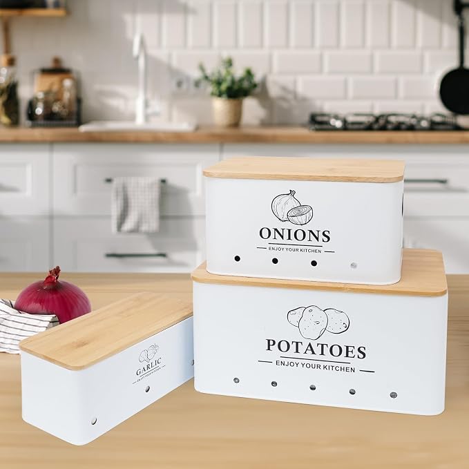 Kitchen Vegetable Storage Set of 3, Metal Onion Garlic Potato Storage Set, Kitchen Canisters Vegetable Keeper Containers with Aerating Holes and Bamboo Lid,White