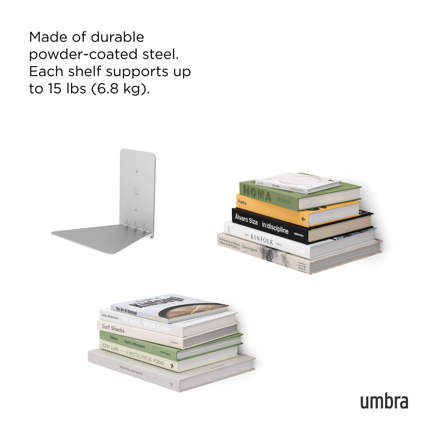 Umbra Conceal, Sturdy Metal Floating Bookshelf for Wall, Silver, Small, Set of 3