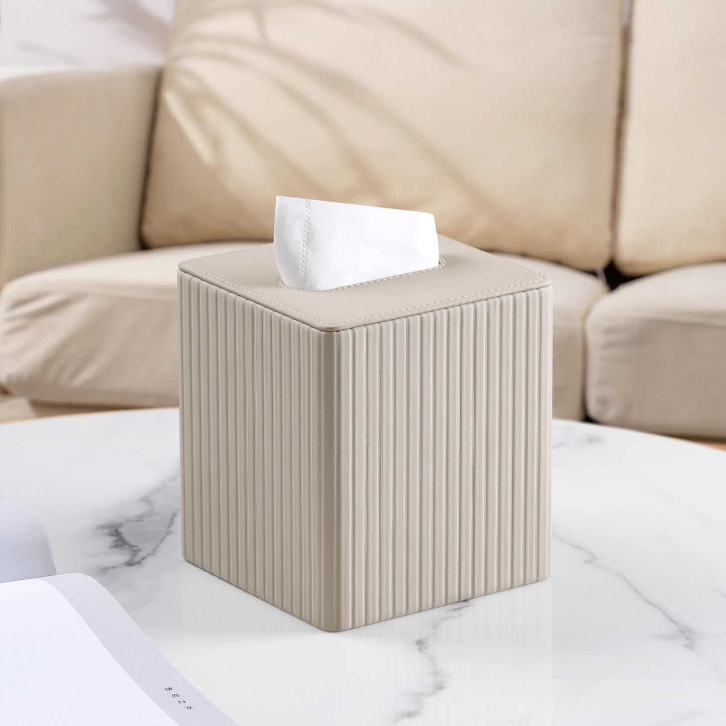 MEIBOOCH PU Leather Tissue Box Cover Square Tissue Box Holder with Magnetic Closure (Beige Stripe)