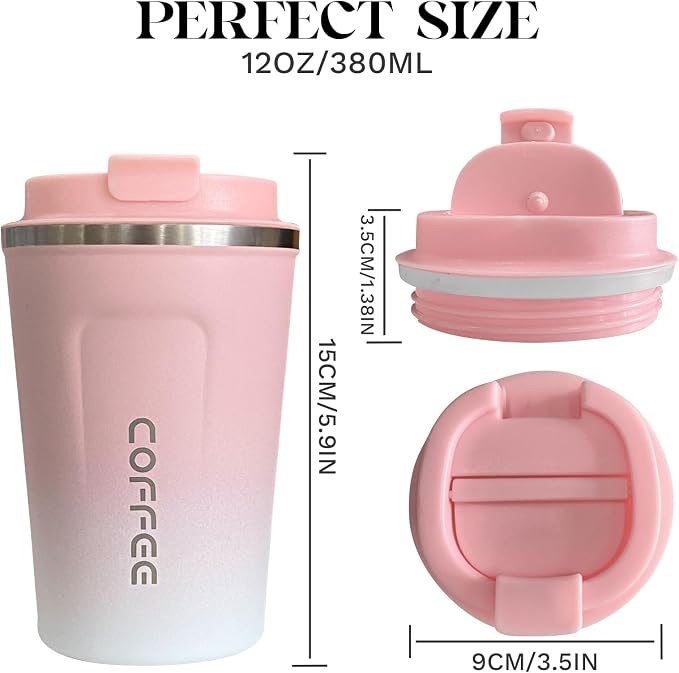YINBAOGE Insulated Travel Coffee Mug, Spill & Leak Proof, Portable To Go Camping Stainless Steel Coffee Tumbler, Reusable Thermal Coffee Cup with Lid for Hot & Cold Drinks (2nd-Pink White, 12 OZ)