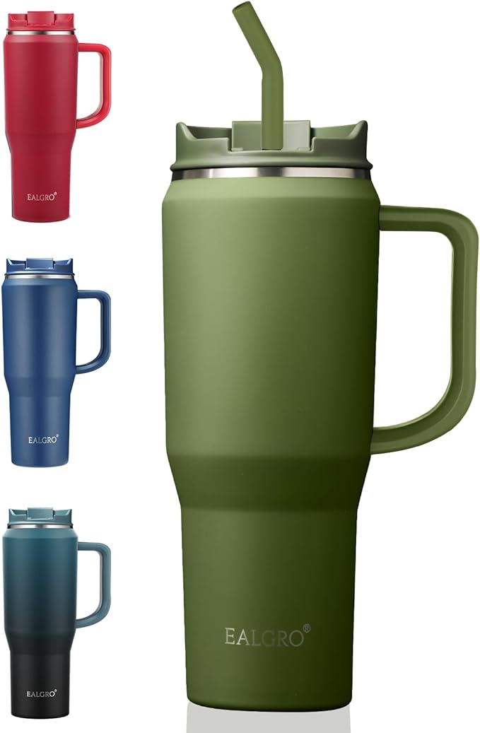 EALGRO 40 oz Tumbler with Handle, Insulated Tumblers with Lid and Straw, Large Metal Sports Water Bottle Jug, Thermal Stainless Steel Travel Coffee Mug Cup, Army Green