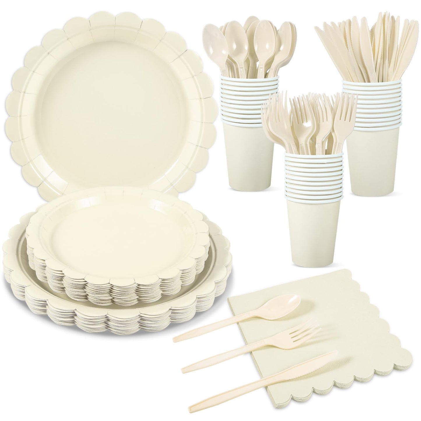 Xiangqu 175 Pcs Ivory Paper Plates and Napkins, Beige Party Supplies Include Scalloped Cream Plates Napkin Cup Plastic Cutlery for Wedding, Bridal&Baby Shower, Birthday