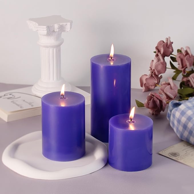 KONNI Violet Pillar Candles Set of 3, 3"x 3" Unscented Pillar Candles Bulk, 30 Hours Long Burning Candles, Smokeless and Dripless Large Round Candle for Wedding, Home Decoration, Parties, Spas, Dinner