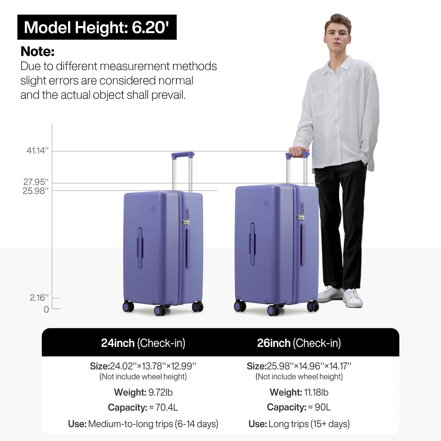 mixi 26'' Max Trunk Luggage Large Checked Luggage PC Hard Shell Rolling Travel Suitcases with Spinner Wheels & TSA Lock, Dreamy Purple