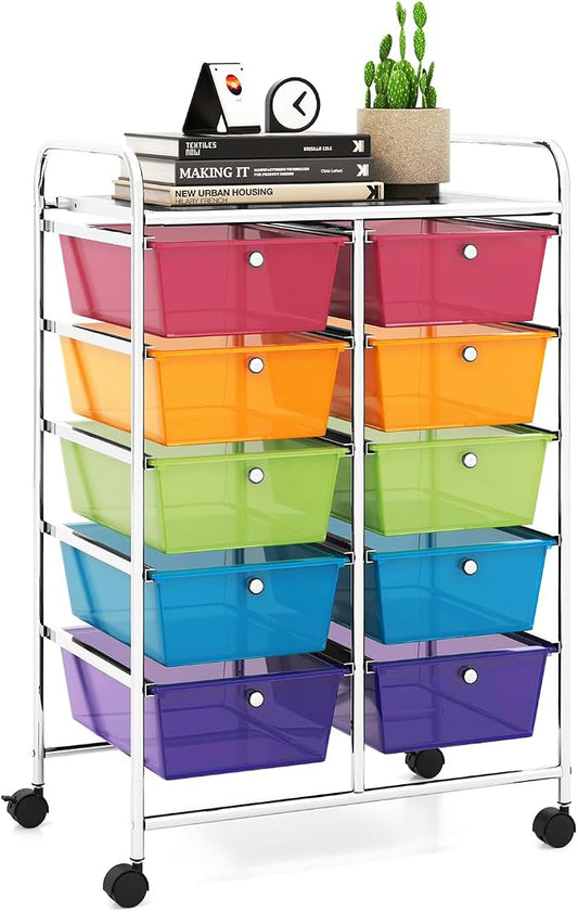 LDAILY 10 Drawer Rolling Cart, Storage Cart Organizer on Wheels, Drawer Cart with Metal Frame & Large Storage Capacity, Rolling Cart with Drawers for Living Room Classroom, Office