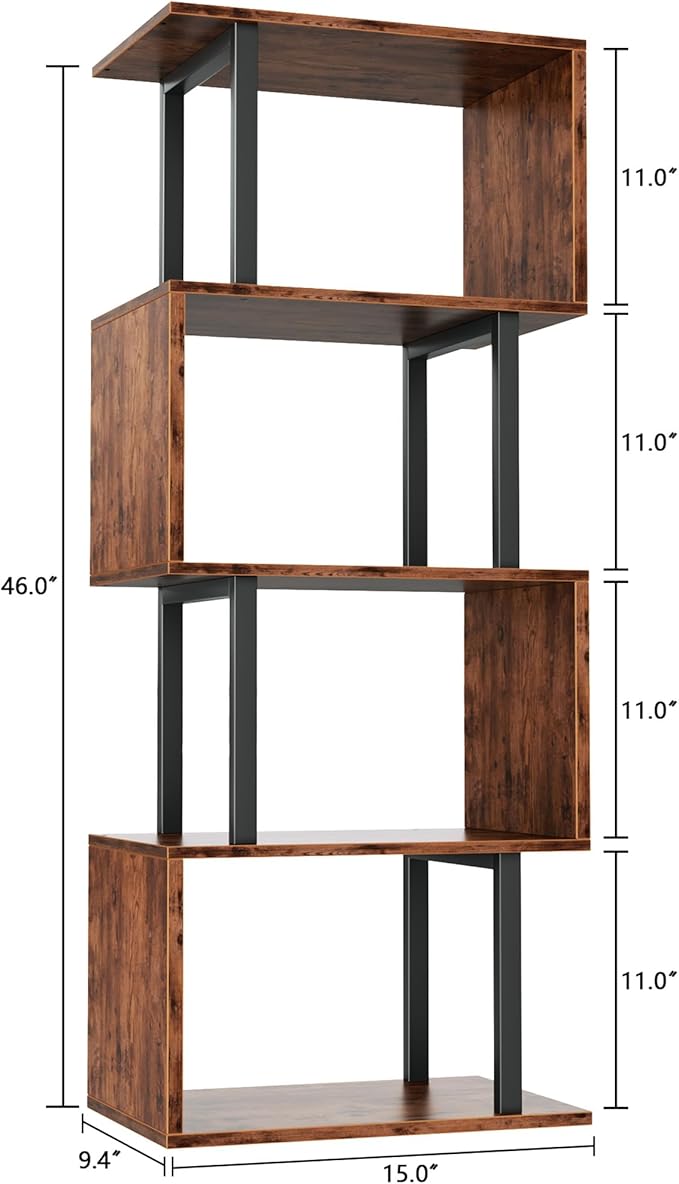 Furologee 5 Tier Bookshelf, S Shaped Geometric Bookcase, Narrow Freestanding Display Shelves, Modern Wood Decorative Storage Rack for Bedroom, Living Room, Home Office, Rustic Brown