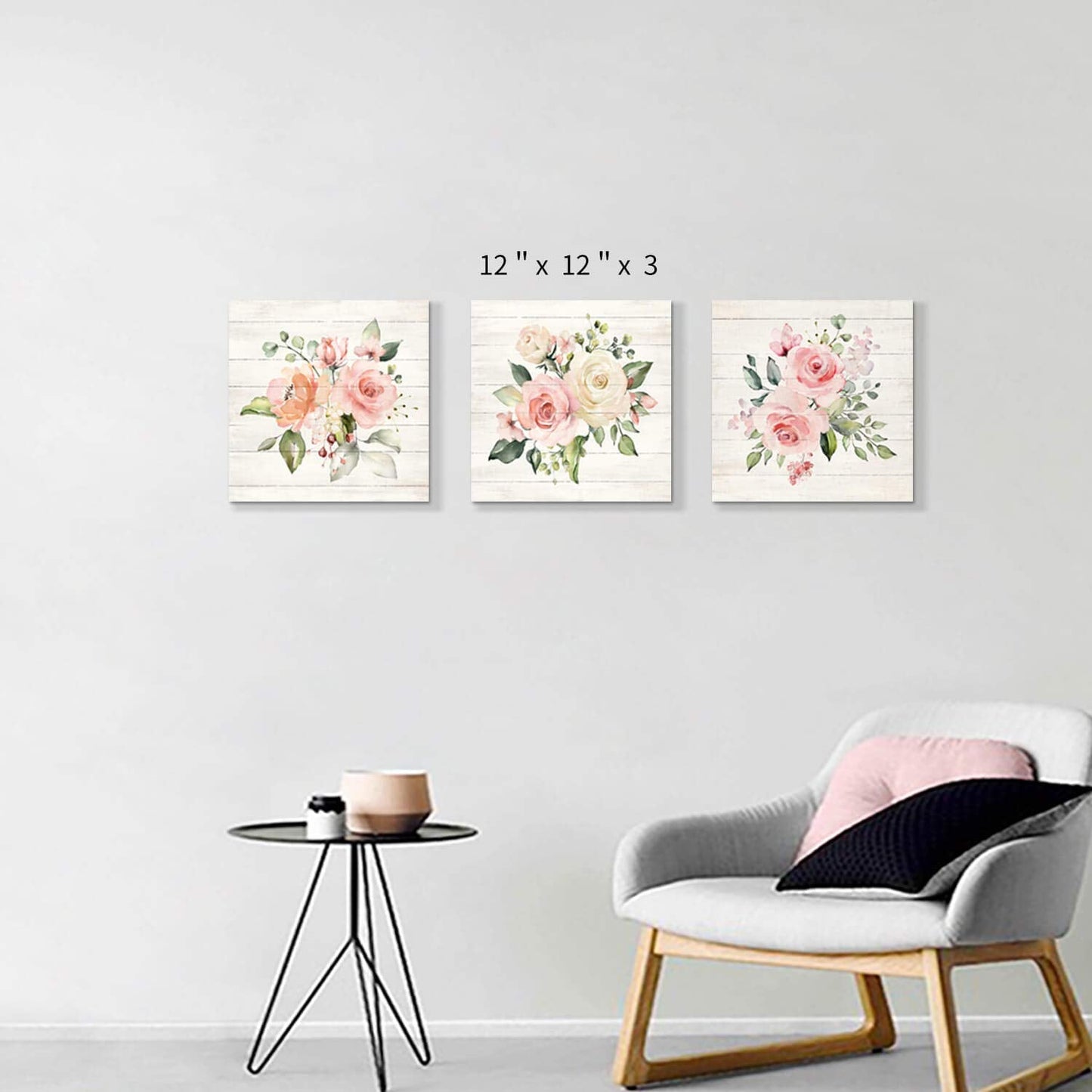 Hardy Gallery Pink Floral Canvas Wall Art: Roses Flowers Bouquet Pictures Artwork for Kitchen Bathrooms (12"x12"x3pcs)