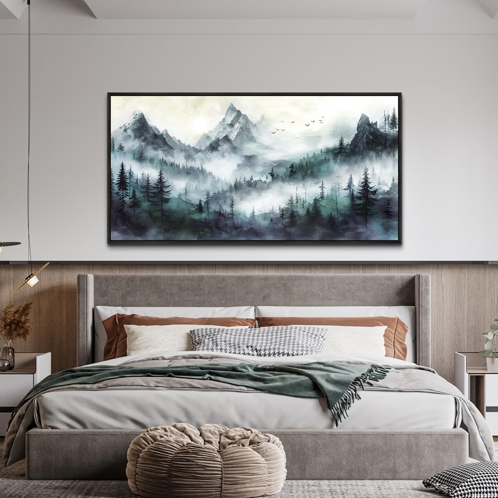Wapluam Large Canvas Wall Art For Living Room Modern Wall Decor For Bedroom Trees Landscape Painting Foggy Forest Pictures Mountain Nature Art Canvas Prints Office Home Decor Black Framed 40x20