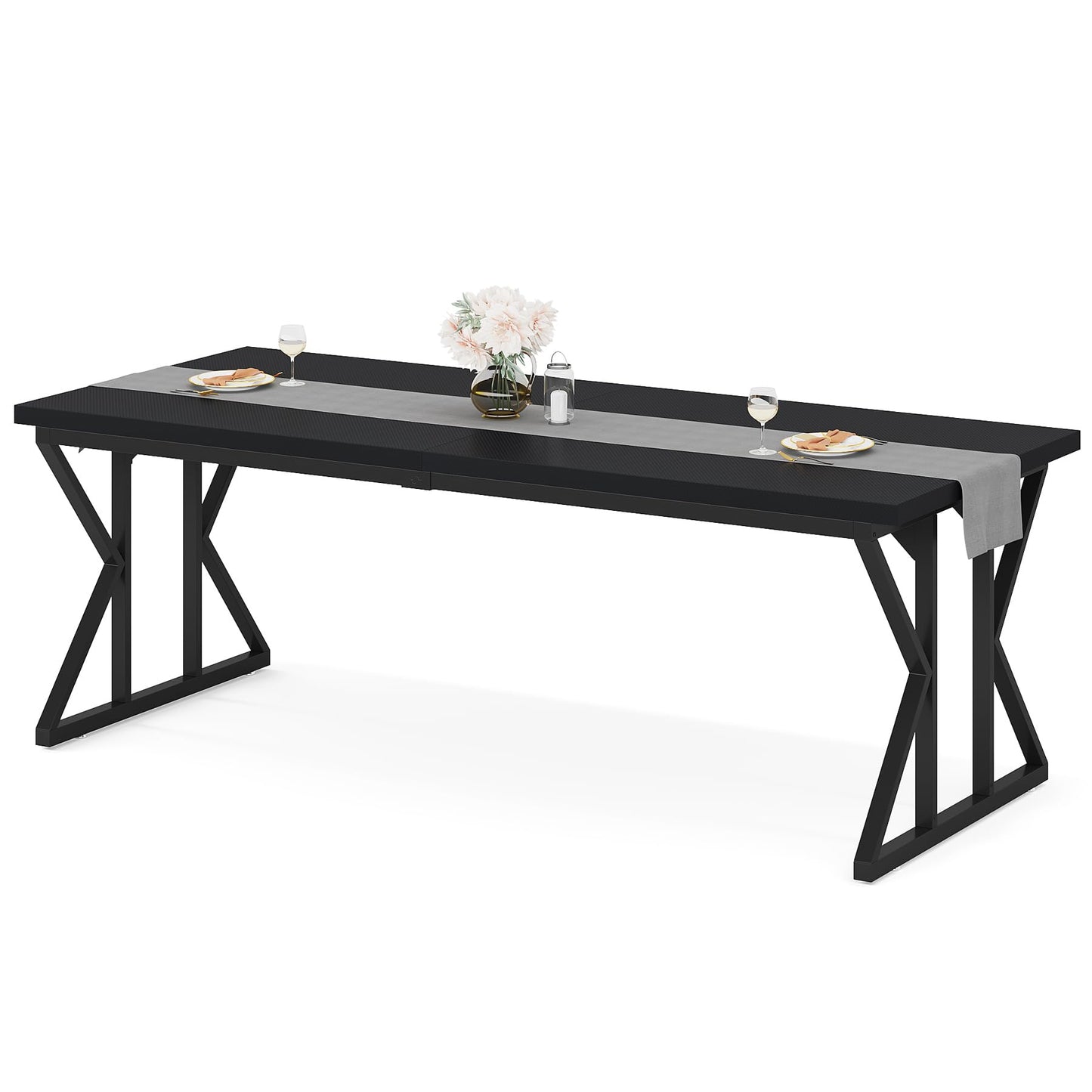 Tribesigns Farmhouse Dining Table for 6 People, 70.8-Inch Rectangular Wood Dining Table, Rustic Kitchen Table with Heavy Duty Metal Legs for Dining Room (Matte Black, 70.8-Inch)