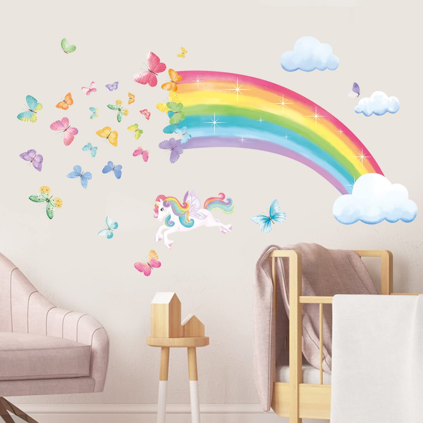 decalmile Rainbow Wall Decals Unicorn Rainbow Butterflies Clouds Wall Stickers Baby Nursery Girls Bedroom Daycare Wall Decor Gifts for Girls