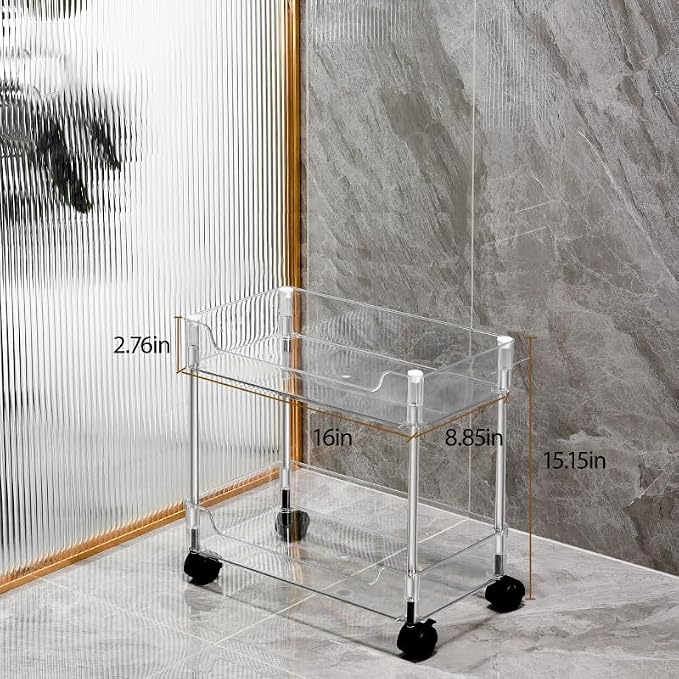 Betoveren 2 Tier Utility Rolling Cart Storage Organizer with Wheels Under Desk Mobile Bathroom Cart Organizer for Office Bathroom Home Kitchen Organization Transparent (Width 8.85 Inches)
