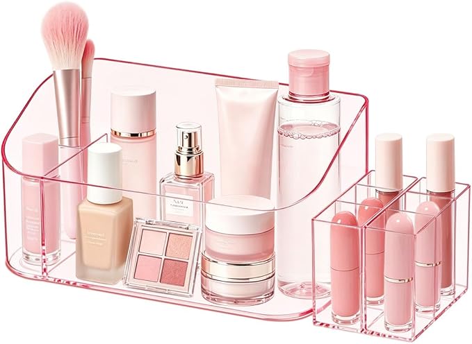 Makeup Tray Holder Organizer Cosmetic Display Case Tabletop Desktop Vanity Countertop Bathroom Wall Cabinet Medicine Storage Box 9 Dividers 2 Removable Women Ladies Girls Gifts Crystal Pink 1 PACK