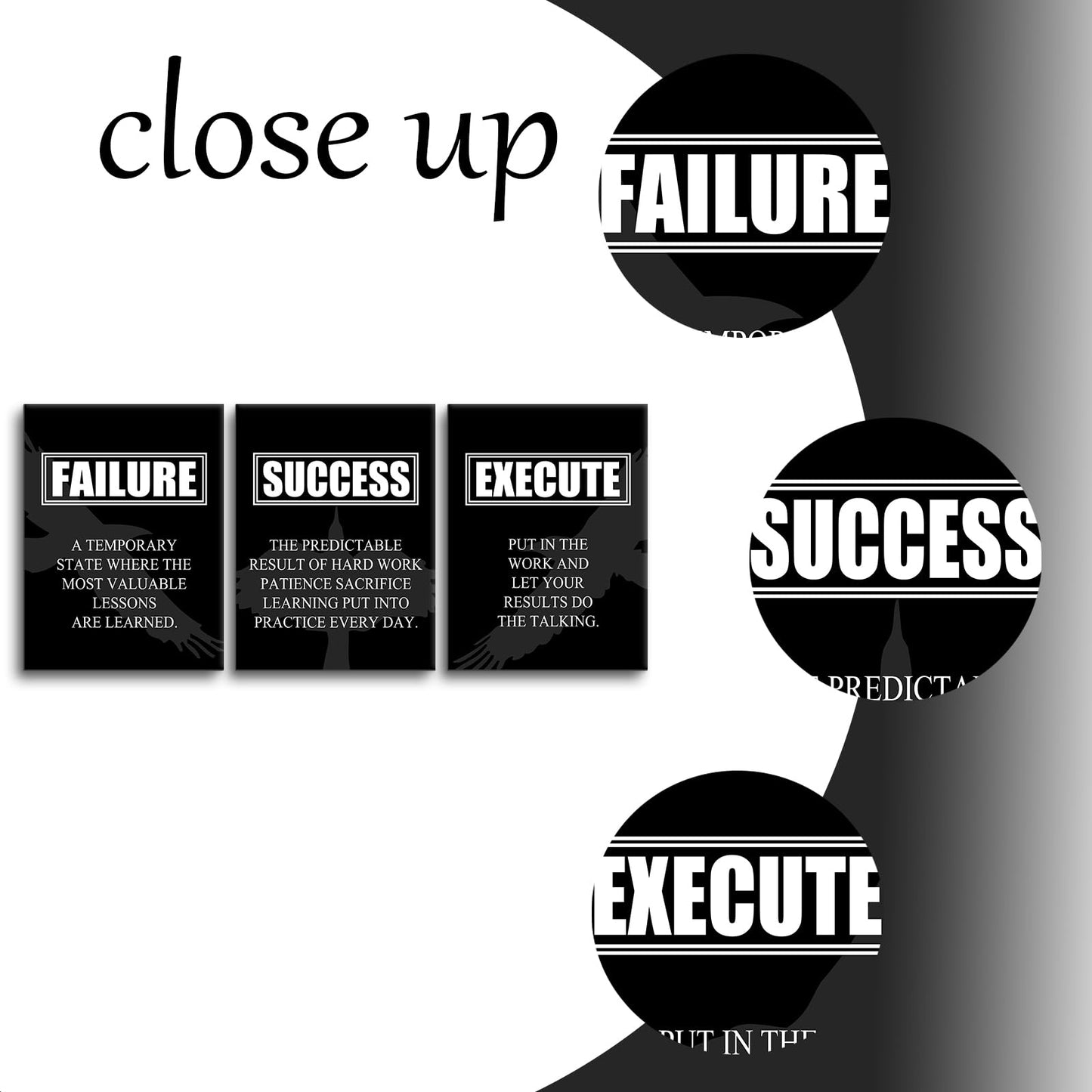 YSPCSUN 3 Piece Motivational Wall Art Canvas Office Decor Failure Success Execute Quotes Posters Eagle Silhouette Inspirational Artworks for Small Home Office Study Room Framed, 36" x 16"