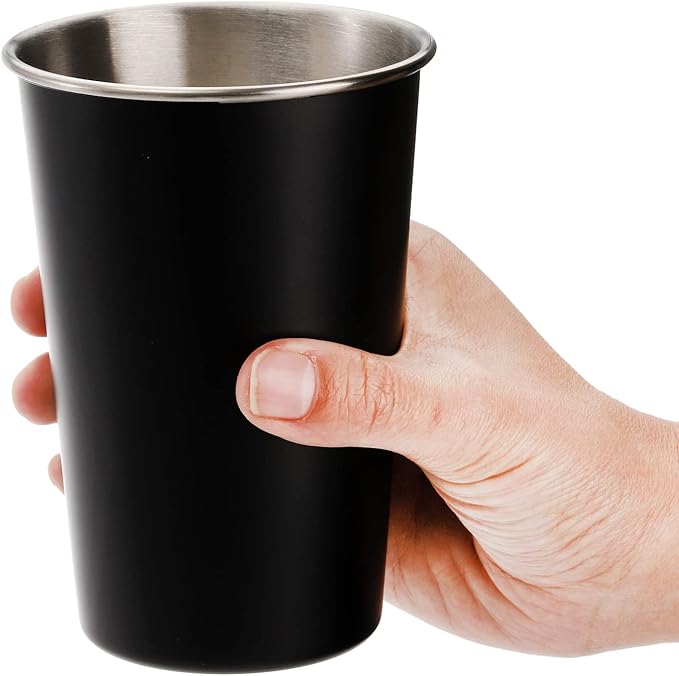 Tosnail 6 Pack 16 oz Stainless Steel Pint Cups Metal Cups Unbreakable Drinking Glasses Water Tumblers for Kids, Adults Indoor and Outdoor Use - Black