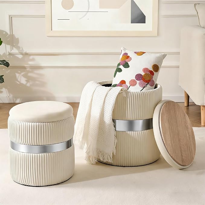 Round Storage Ottoman Set of 2 Vanity Stool for Living Room, Space-Saving Coffee Table with Hidden Compartment, Sturdy Seating for Small Apartments & Bedroom, Assembly Free White