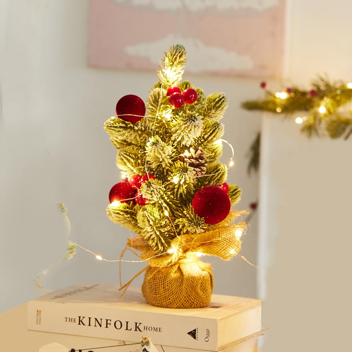 MYELLU Burlap Small Christmas Tree Decor with Lights - Mini Tabletop Artificial Tree Centerpiece for Indoor Home Office Desk Holiday Decorations(Red Ornament)