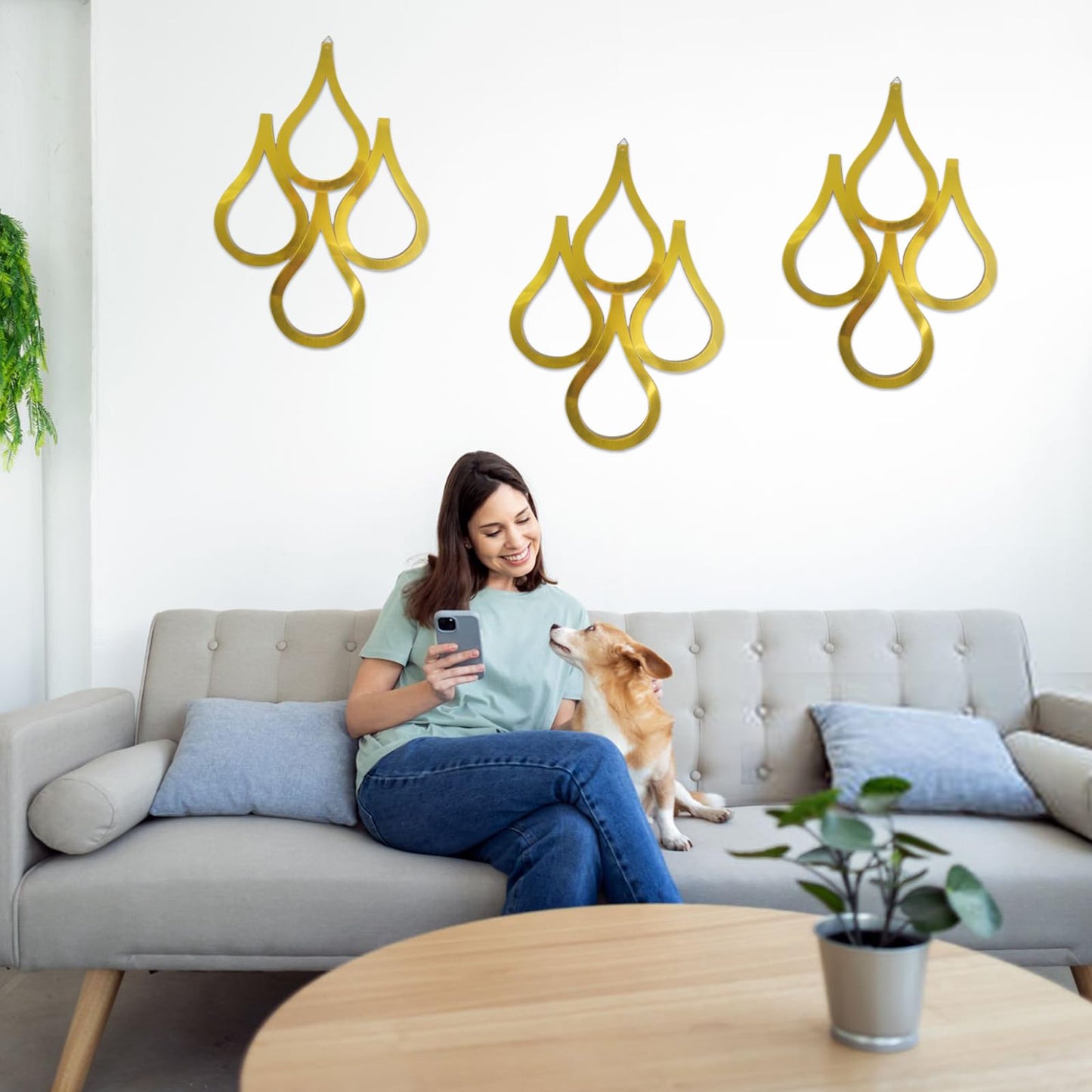 CONEHOY 3 Pcs Teardrop Wall Mirror Hanging Gold Wall Mounted Decorative Accent Mirror for Home Bedroom Living Room Bathroom(15.7 x 11 Inch)