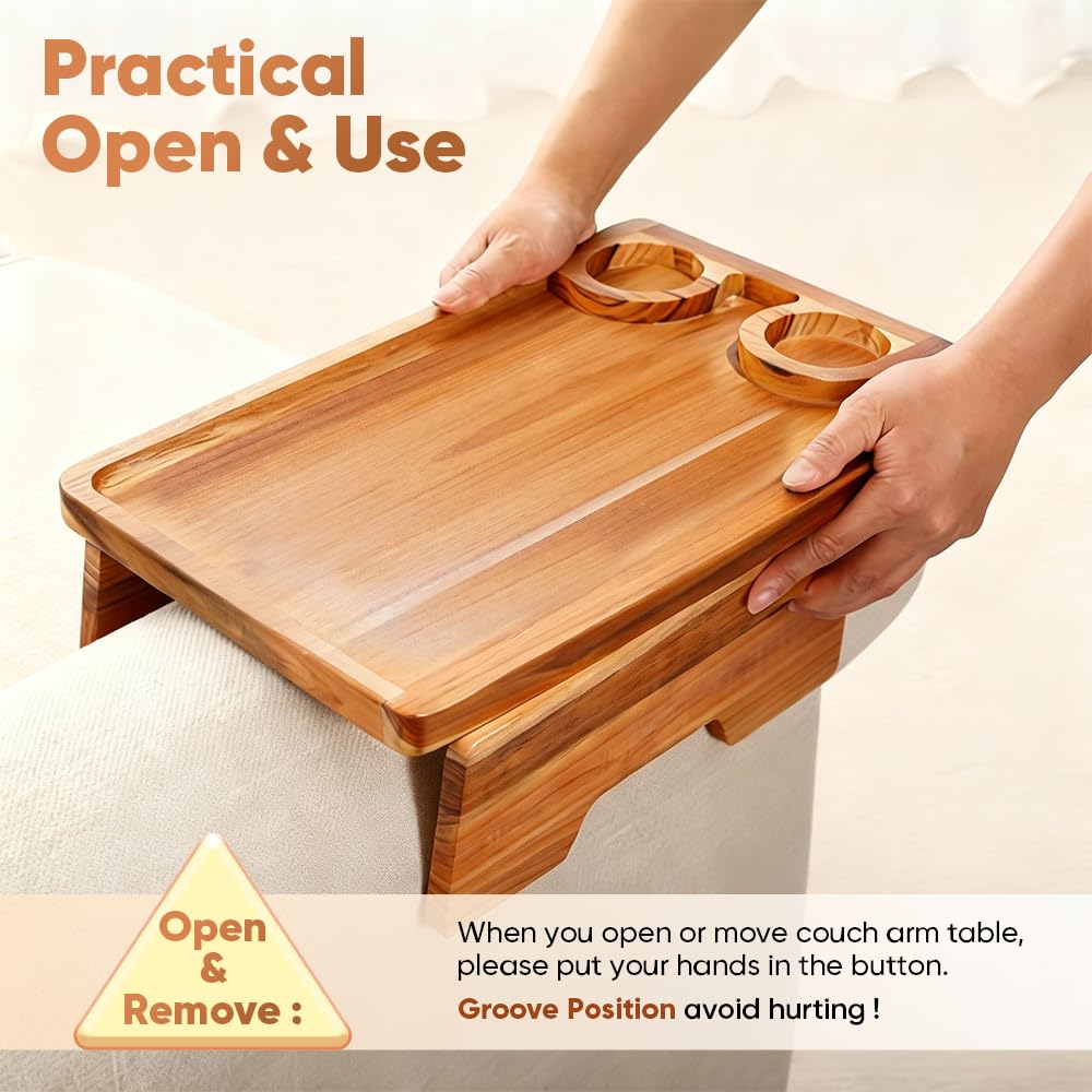 Dynamic-top 15.35" x 10.24" Teak Wood Couch Arm Tray, Sofa Armrest Table with Dual Cup Holders, Clip-on Tray for Wide Couch - Side Table for Eating & Drink, Snack, Phone, Remote