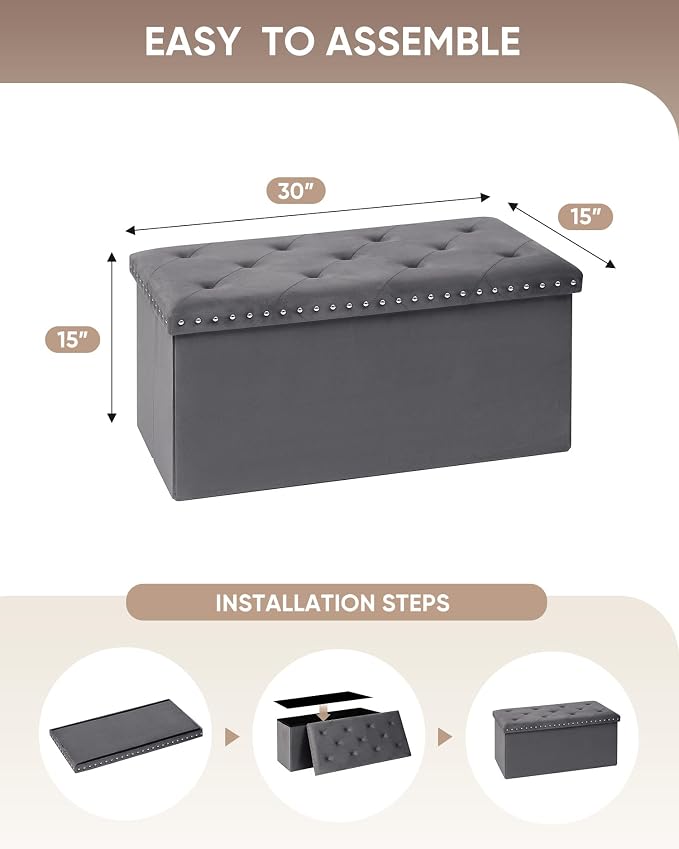 B FSOBEIIALEO Storage Ottoman Cube Folding Tufted Ottomanse, Storage Boxes Footrest for Bedroom, Luxury Velvet Fabric 30 * 15 * 15 Inches Grey