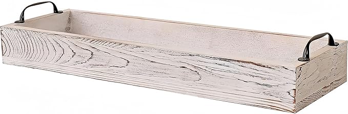Rustic Wooden Serving Trays Rectangular with Handle,Ottoman Tray for Living Room 16 Inch Long for Serving Wine(whitewashed)