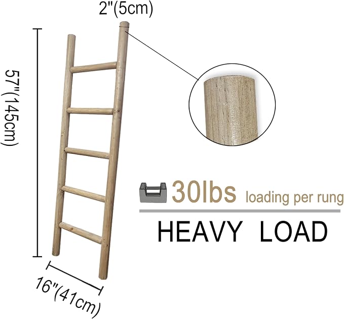 Wooden Blanket Ladder Natural & Motley Wood - Leaning Wall Decor for Bedroom, Bathroom, Living Room - Rustic Quilt Holder & Towel Rack (Natural Wood Color 57in, 57in | Fully Assembled)