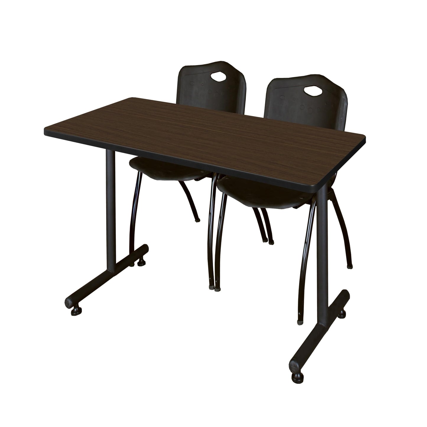 Regency Kobe 48 x 24 in. T-Base Training Seminar Table- Neo Walnut, 2 M Stack Chairs- Black