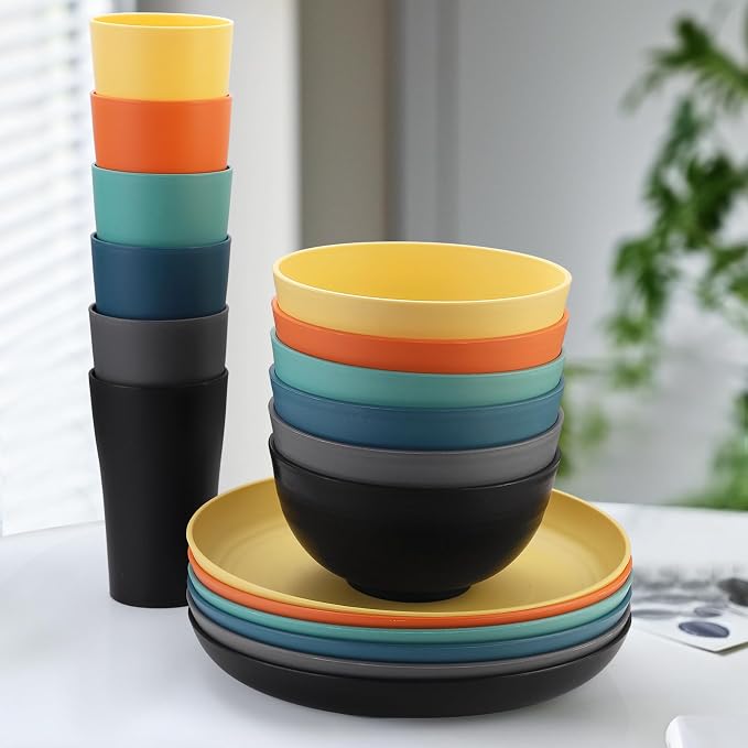 18pcs Wheat Straw Dinnerware Sets, SANLUNS Unbreakable Reusable Dinnerware Set for 6,Kitchen Cups Plates and Bowls Sets Plates Cups and Bowls Set Dishwasher Microwave Safe Dinner Dishes