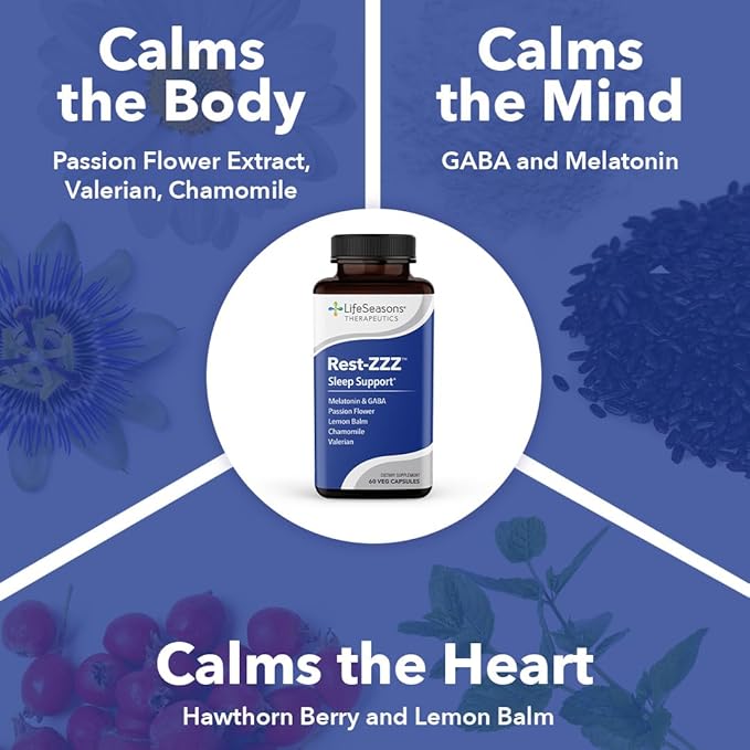 LifeSeasons Rest-ZZZ - Natural Sleep Support Supplement - Fall Asleep & Stay Asleep - Calms Nervous System - Ease Muscle Tension & Restlessness - Low Dose Melatonin GABA & Chamomile - 120 Capsules
