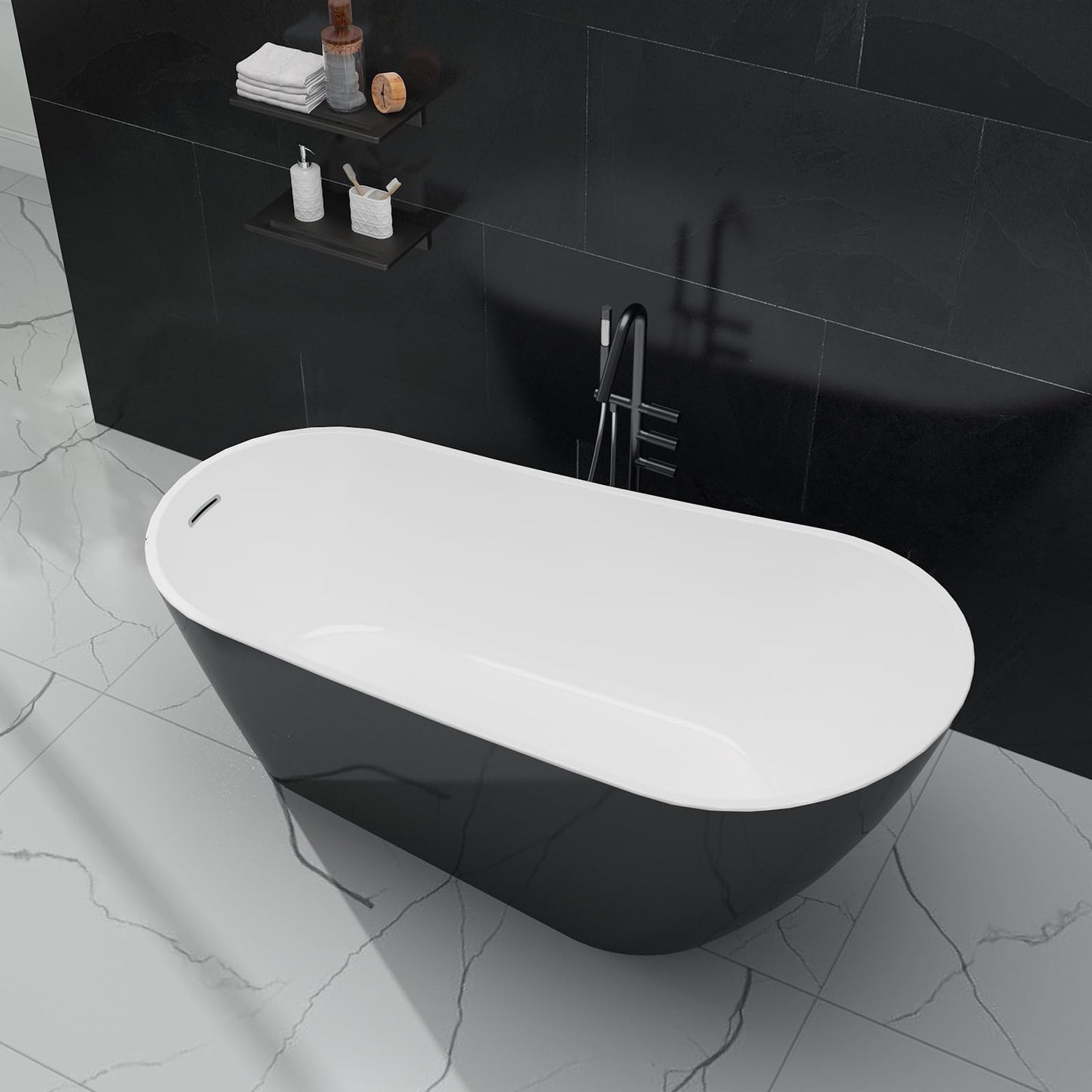 Freestanding Bathtub 67 inch Black and White Acrylic Tub, Modern Deep Soaking Bath for Bathroom Renovation and Home Spa Comfort