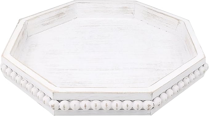 Hrastany Whitewashed Octagonal Wood Decorative Tray, Small Farmhouse Wooden Serving Tray with Beads, Versatile Shabby Chic Coffee Table Tray for Kitchen Counter, Ottoman, Living Room