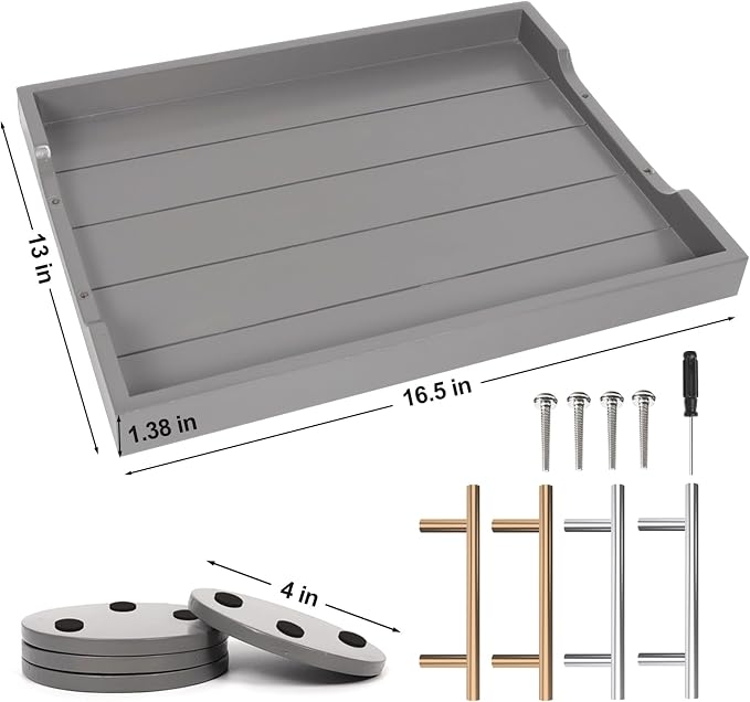 SXNOWS Wooden Serving Tray with 2 Sets of Handles,Large Ottoman Tray for Living Room, Rectangular Wood Tray for Coffee Table, Modern Farmhouse Kitchen Decor, 4 Round Coasters Included,Gray