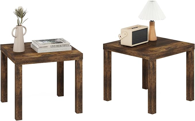 Furinno Classic Toolless Assembly Square Side Table Set of 2, Rustic Brown End Table with 1.8 Thick Tabletop, Night Stand, Bedside Table, for Living Room, Bedroom, Amber Oak