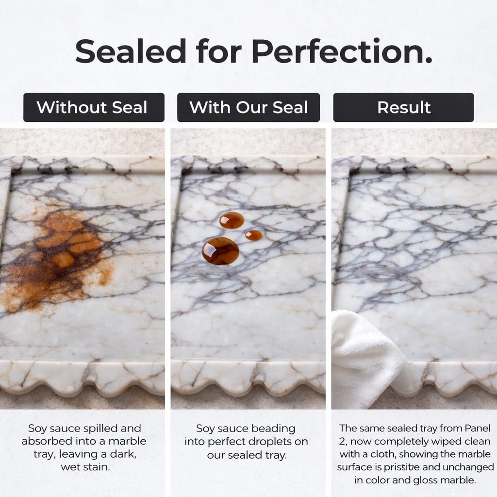 PebblePure 14" x 10" Large Genuine Calacatta Viola Scalloped Marble Tray, Pre-Sealed for Stain & Water Resistance, Luxury Decorative Trays for Vanity, Bathroom, Dresser, Coffee Table, Home Decor