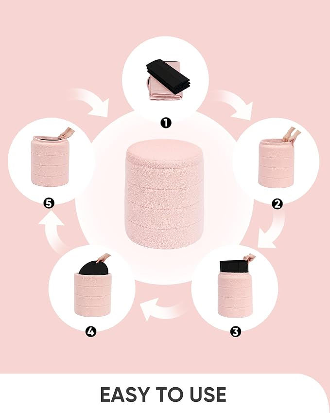 B FSOBEIIALEO Ottoman with Stroage, Round Sherpa Storage Ottoman Stool, Boucle Foot Rest 14.6"x14.6"x17.7"（Pink