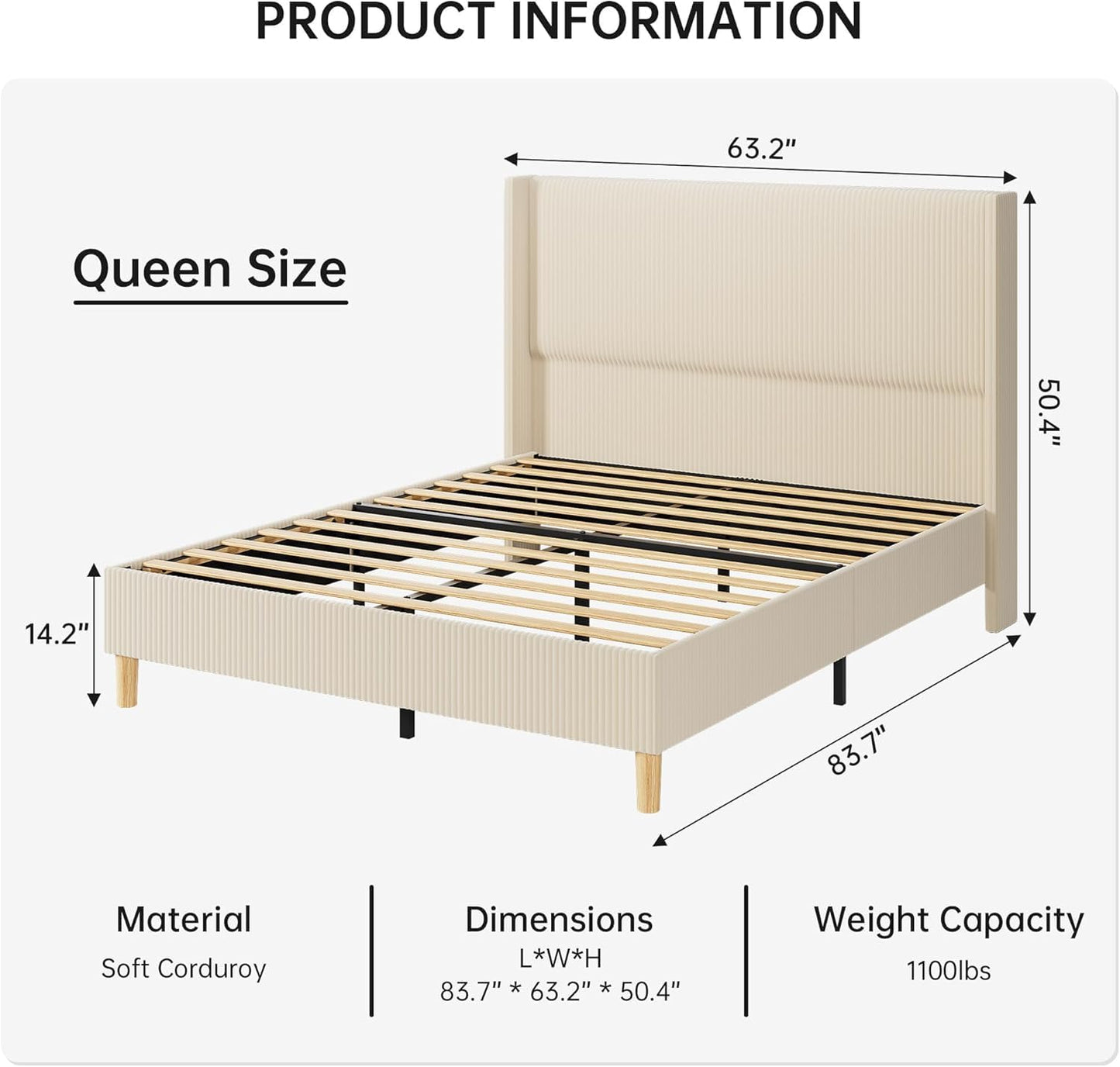 GarveeHome Queen Bed Frame, Upholstered Platform Velvet Bed Frame Queen Size with Vertical Channel Tufted Wingback Headboard, Strong Wooden Slats, No Box Spring Needed, Easy Assembly, Beige