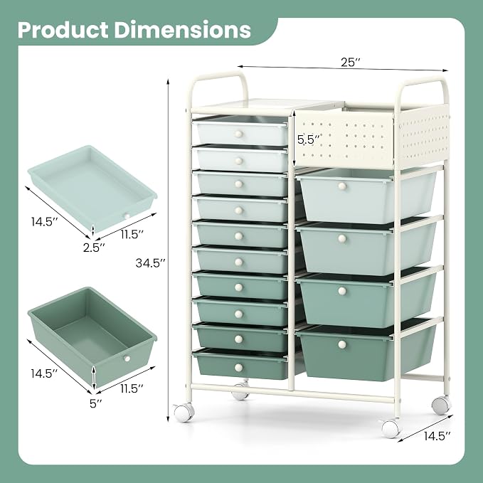 GOFLAME 14-Drawer Rolling Storage Cart with Pegboard, Craft Storage Cart with Lockable Wheels and Metal Frame, Art Cart Supply Storage Organizer for Home Office Classroom, Green Gradient
