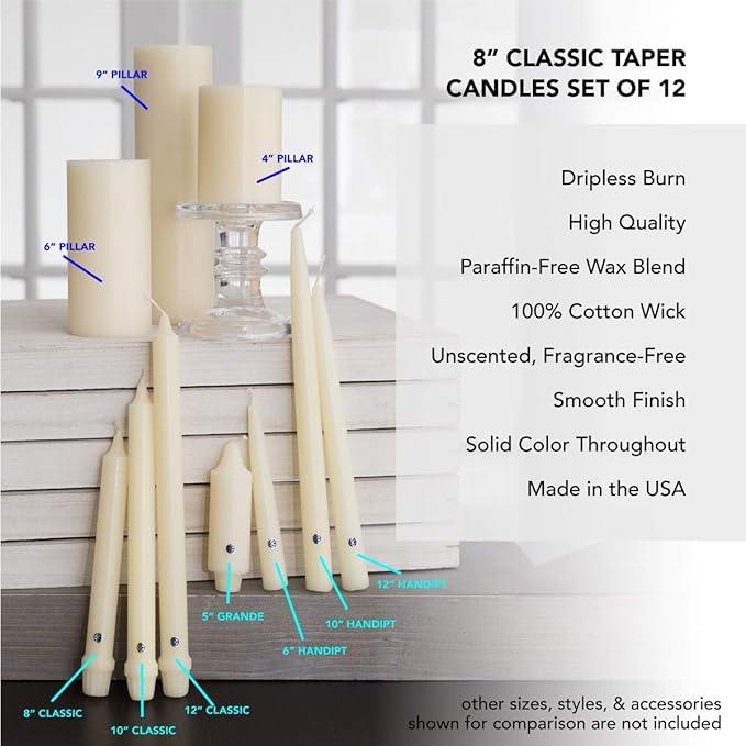 Colonial Candle Unscented Taper Candle, Classic Collection, Black, 8 In, Pack of 12 - Up to 6 Hours Burn